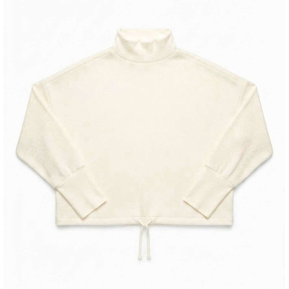 Express Ivory Ribbed Knit Mock Neck Drawstring Hem Pullover Sweater S